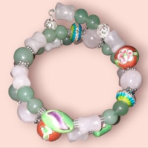 Sterling jadeite Lavender green gemstone Ceramic Cloisonne Bead 925 Bracelet